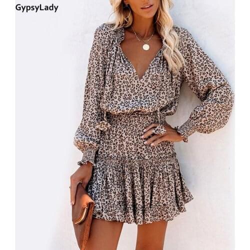GypsyLady Leopard Print Mini Dress Long Sleeve Spring Vintage Women Dress Ruffles V-neck Elastic Waist Casual Chic Ladies Dress