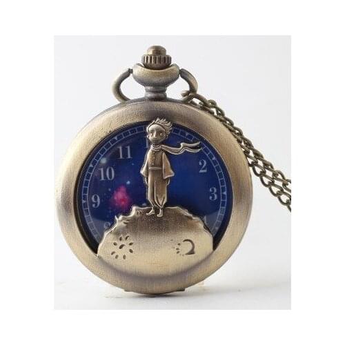 Fashion Little Prince Quartz Pocket Watch Planet Blue Universe Face Cute Necklace Chain Kids Children Birthday Xmas Gifts