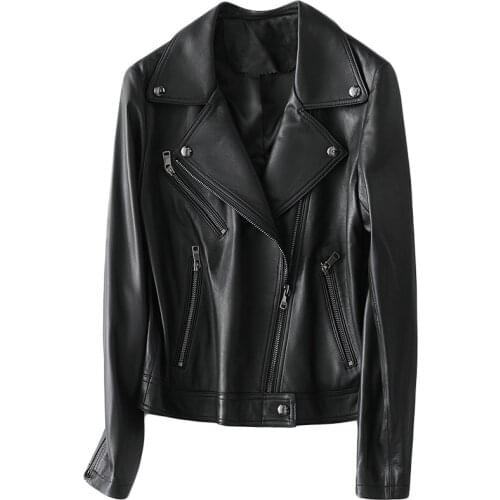 2020 NEW Fashion Casual Short Real Sheepskin Coat Black Long-sleeve Zipper Soft Genuine Leather Motorcycle Jacket Slim Top KW428