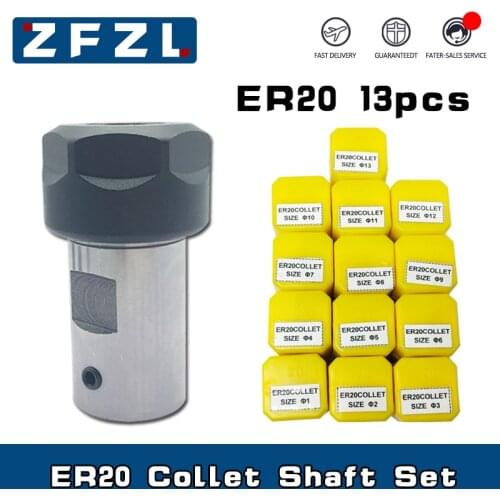 13PCS ER20 Spring Collet Chuck Set With ER20 Chuck Spindle Motor Shaft Extension Rod 6/8/10/12/14/16mm CNC Tools Holder