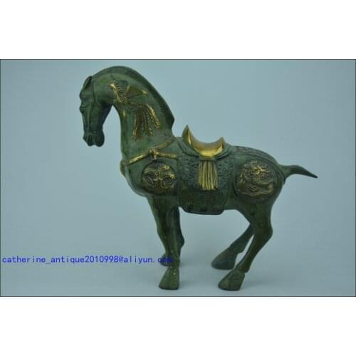 Rare Old Chinese Qing Dynasty bronze gilt horse statue,Carved dragon and phoenix,best collection&adornment,free shipping