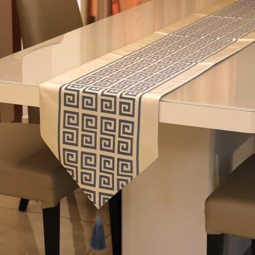 Luxxury Blue Table Runner New Chinese Style Table Flag Grid Gold Dining Table Wedding Party Decoration Table Cover with Tassels
