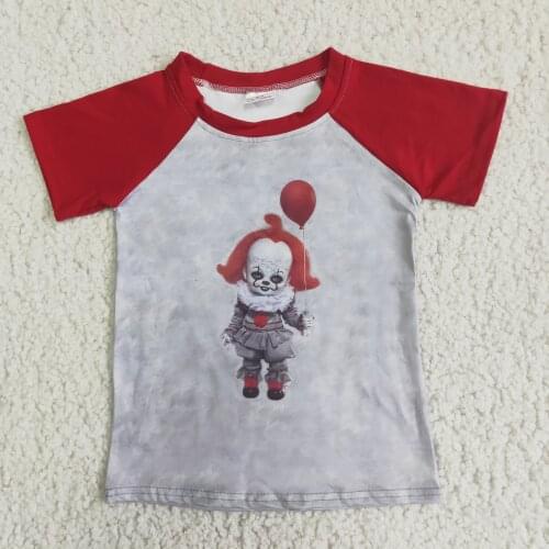 Halloween Shirt Short Sleeve Cartoon Child and Balloon Boy Raglan Top Kids Boutique Clothing