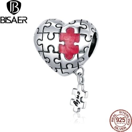 BISAER Love Puzzles Beads 925 Sterling Silver Heart Original Charms Pendant Fit Bracelet Necklace DIY Jewelry ECC1635