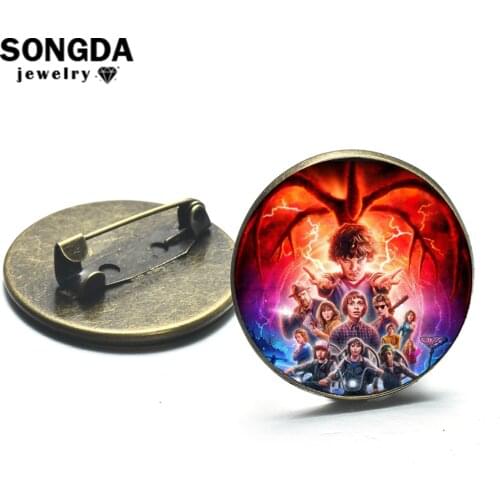 SONGDA Stranger Things Brooch Pins TV Series Art Poster Glass Dome Lapel Pin Button Badge Decor for Denim Clothes Gothic Jewelry