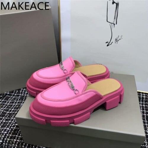 Rose red Round Toe Slippers Women Chain Thick Sole Shoes Ladies Genuine Leather Flats Loafers Woman Platform Slippers For Women