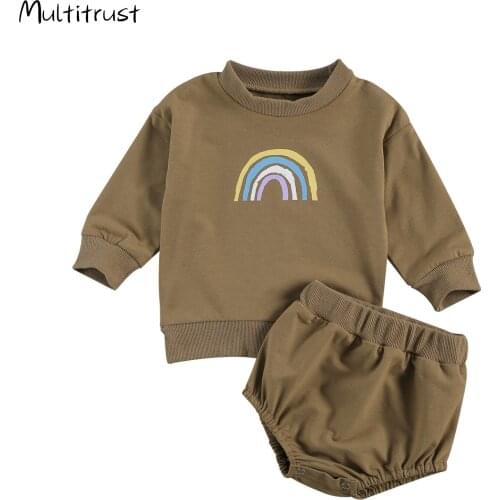 2020 Spring Autumn Toddler Kids Baby Boys Girls Clothes Rainbow Print Pullover Sweatshirts Tops+Shorts Pants Outfits 0-24M