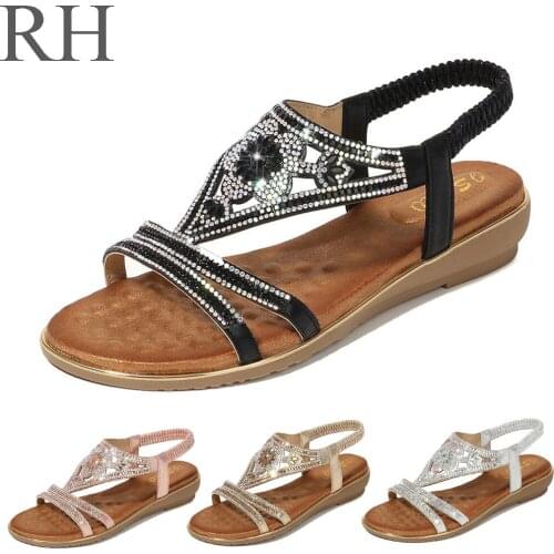 Women Fashion Flat Shoes National Feng Shui Diamond Sandals Women Go Out To Match Temperament Shoes Size 36-42 Crystal Mujer