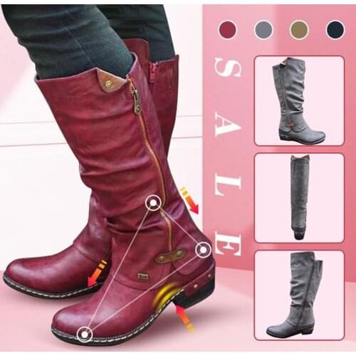 Women Cowboy Knee Boots Punk Boots Western Arch Support Winter Warm Shoes Low Thick Heel Side Zippper Booties Long Shoe Winter