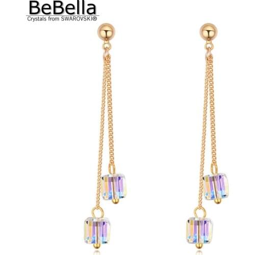 BeBella gold color plated cube drop pendant earrings dangler Crystal from Swarovski original fashion jewelry for women girl