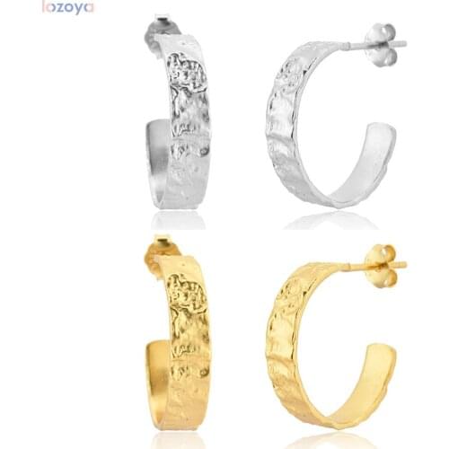 LOZOYA 925 Sterling Silver Geometric Irregular 16mm Large Hoops Circle Round Women Huggies Loops Piercing Earring For Wedding