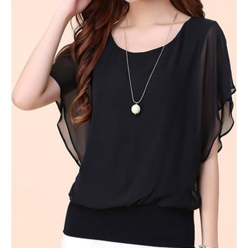 Women Spring Summer Style Chiffon Blouses Shirts Lady Casual Short Batwing Sleeve O-Neck Chiffon Blusas Tops ZZ0698