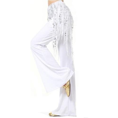 Fashion Women Belly Dance Hip Scarves Shiny Sequins with Tassel White Stage Performance Skirt Festival Clothing