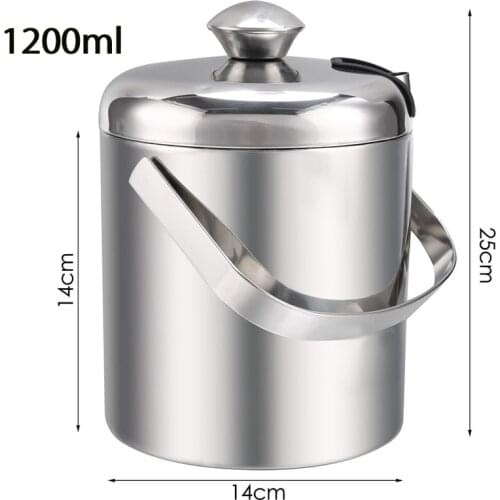 Free Shipping 1.2L Stainless Steel Handle Ice Cube Bucket Chrome Finish Thick Ice Pail with Tweezers - 14cm x 25cm