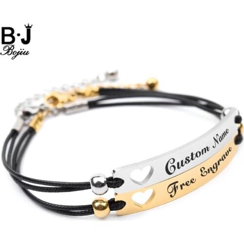 BOJIU Gold Silvery Personalized Engraved Custom Couples Bracelets Women Men Rope Stainless Steel Character Name Bracelet BC372