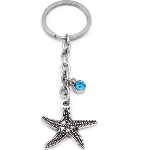 BULK 10pcs Antique Starfish Blue Stone Charm Keyring Ocean Sea Beach Lover Keychain Special Jewelry Gifts for Women Teen Girls