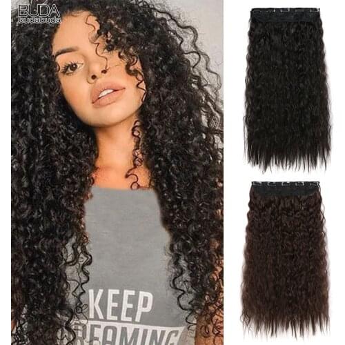 Budabuda 22inch Long Wavy 5 Clips In One Piece Hair Extensions Synthetic Style Hair Corn Wave Clip Hairpiece For White Women