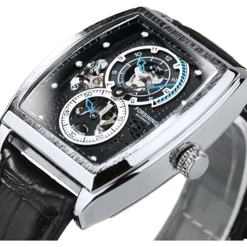 Forsining Sport Automatic Watch for Men Black Tonneau Mechanical Wristwatches Luxury Leather Strap Sub-dials relogio masculino