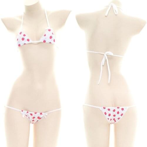 Kawaii Woman Sexy Set Erotic Lingerie Micro Bikini Mini Bra and Panty Strawberry Cute Underwear Women Girl Anime Stripper Outfit
