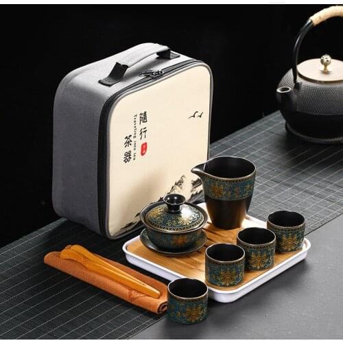 Chinese Enamel Kung Fu Tea Set Travel Teapot Business Gift One Pot Four Cups Fair Cup Tea Tray Teaware Tea Ceremony Set