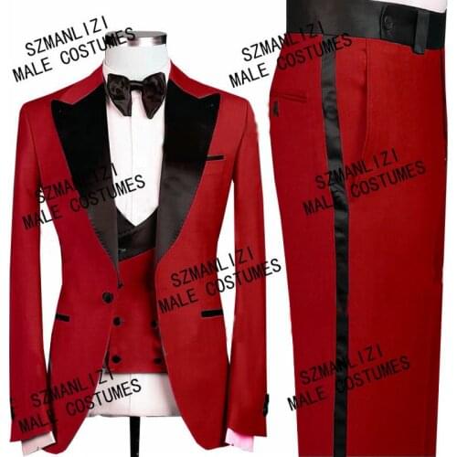 Handsome Red Mens Wedding Suits Black Peaked Collar Mens Tuxedo 3 Pieces Groom Terno Party Suits For Men (Jacket+Vest+Pants)