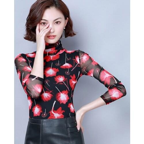 Women Spring Autumn Style Lace blouses Shirts Lady Casual Slim Flower Printed Turtleneck Long Sleeve Lace Blusas Tops DD8091