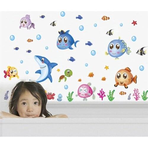 Cartoon Fishes With Bubbles Wall Stickers For Bathroom Baseboard Home Decoration Diy Animal Pvc Mural Art Kids Room Wall Decals