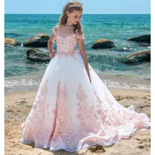 Pink Lace White Girls Pageant Dresses Cap Sleeves Appliques Lace Kids Formal Wear Wedding Party Gown Flower Girls Dress Custom