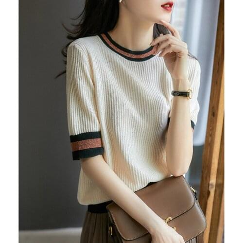 Screw Thread Elegant Knitted Tshirt Short Sleeve O Neck 2021 Summer New Thin Cotton T Shirt Women Elegant Korean Fashion Tops