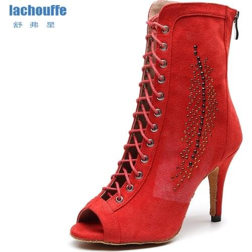 Women Flannel Latin Dance Shoes Red Ladies Rhineston Ballroom Tango Shoes for Dancing Woman High Top Salsa Dance Boots EU33-43