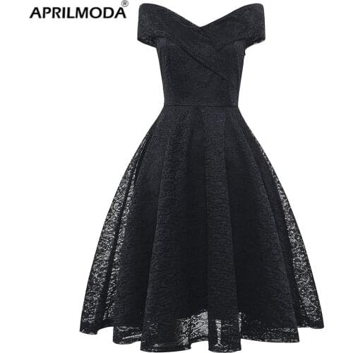 Women Black Red Sexy Off Shoulder Summer Dress V Neck A Line Special Occasion Swing Vintage Retro Lace Cocktail Party Vestidos