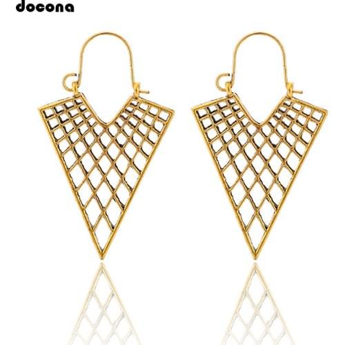 Docona Vintage Rhombus Drop Dangle Earring for Women Gold Hollow Geometric Pendant Earrings Party Jewelry Brincos 9030