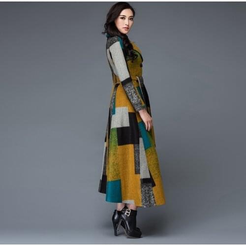 Euro 2020 Autumn Winter Womens Lapal Collar Slim Fit Wool Coat Blends Colored Printed Warm Coat Female Full Length Lady Overcoat