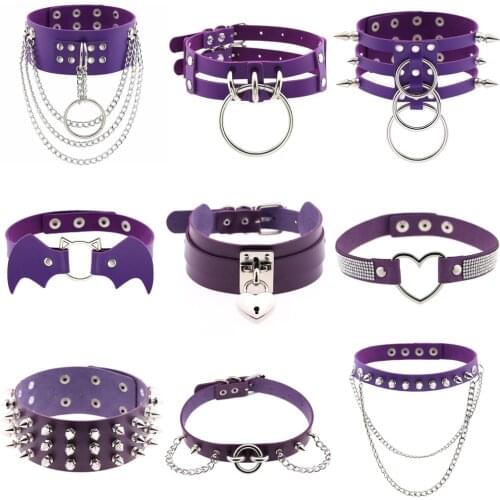 Punk Purple PU Leather Rivet Collar Women Necklace Asphyxiation Stainless Steel Silver Color Chains Bondage Neck Goth Jewelry