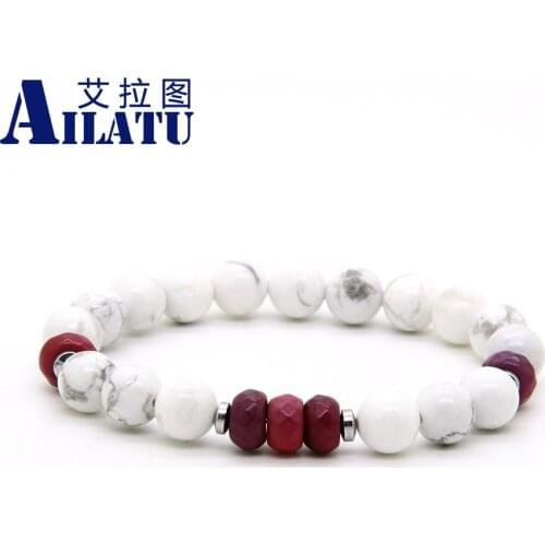 Ailatu Unisex Couples Jewelry Wholesale 10pcs/lot 8mm White Howlite Marble & Fire Stone Distance Lovers Lucky Bracelets
