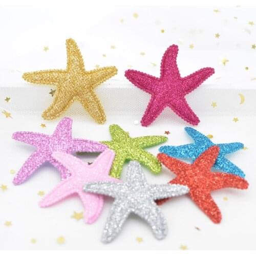 16Pcs 60*50mm Shiny Powder Glitter Fabric Padded Starfish Applique Headwear Hair Clips Patches Kids Birthday Crafts Ornament G78