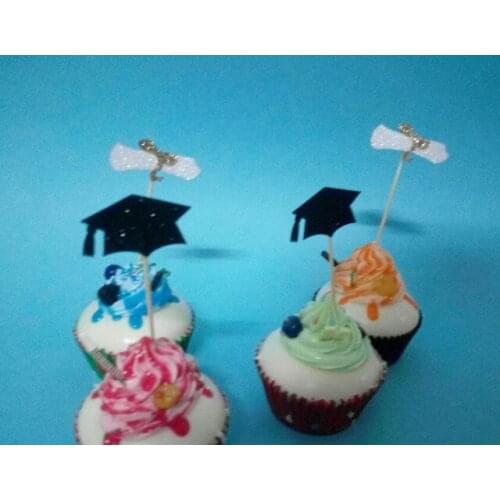 Glitter school class graduation Cap with white Diploma cupcake toppers Food Picks party muffin decorations