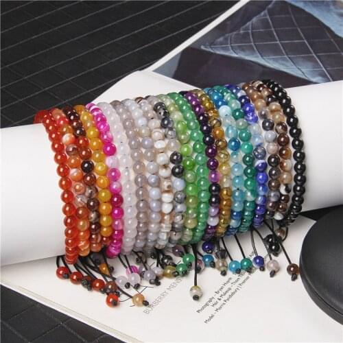 Trendy Natural Stone Striped Agates Beads Bracelet Adjustable 6mm Round Agat Beaded Braided Bracelet for Women Men Yoga Jewelry