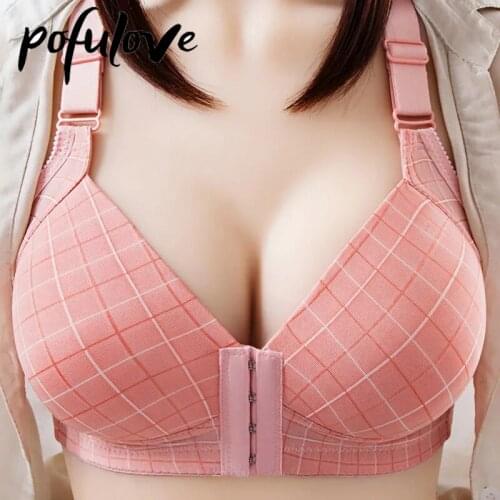 Plaid Front Buckle Bra for Women Push Up Bras Front Closure Wireless Underwear Bralette Seamless Brassiere Cotton Thin Lingerie