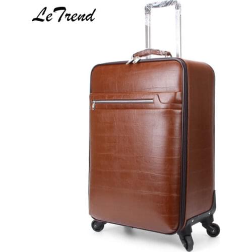 Letrend Spinner Suitcases Wheel Vintage Rolling Luggage 16/20 inch Business Trolley PU Leather Student Carry On Travel Bag