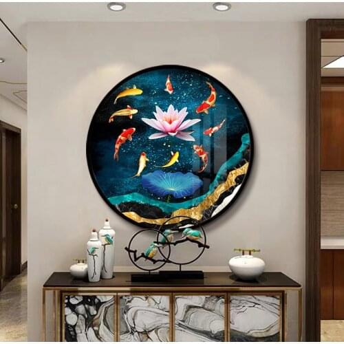 Home Decor HD Printed Gold Fish Lotus Round Canvas Painting Wall Art Flowers Pictures Modern Bedside Background Modular Poster