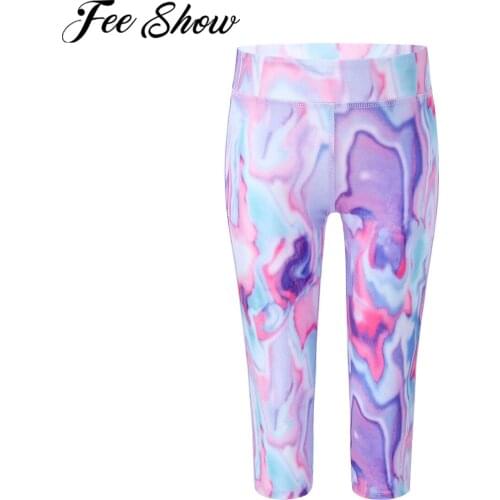 Girls Cropped Leggings Colorful Tie-Dye Print Kids Calf Length Skinny Pants Stretchy Dance Sports Leggings Children Capri Pants