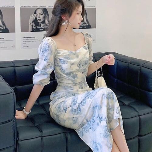 Summer Vintage Puff Sleeve Split Midi Party Dress Ladies OL Elegant Streetwear Casual Square Collar Floral Beach Vacation Dress