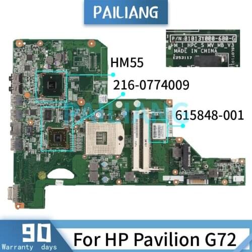 Mainboard For HP Pavilion G72 Laptop motherboard 615848-001 615848-001 HM55 216-0774009 DDR3 Tested OK