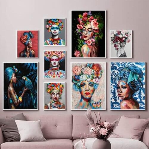 Fashion Colored Flowers Woman Abstract Canvas Painting Wall Art Print Poster Picture Decorative Painting Living Room Home Decor