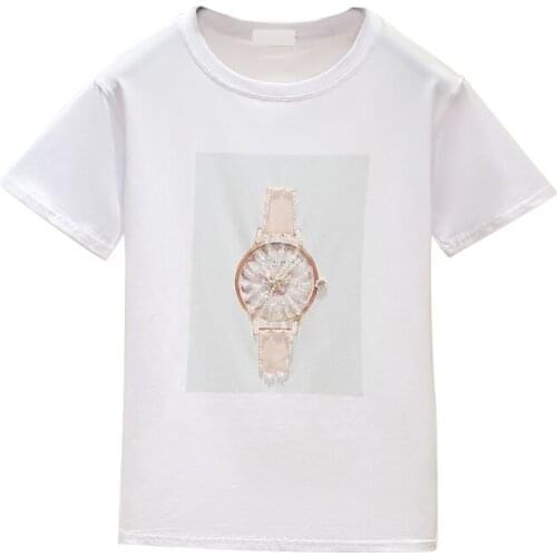 Fashion Cotton T-Shirt Women Tops Watch Beading Short Sleeve Female Casual Tee Shirt Female Summer 510