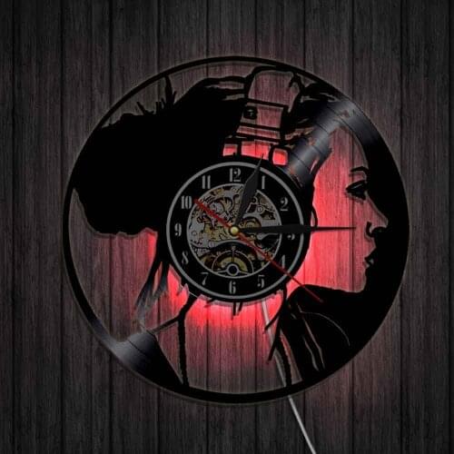 Musical Girl Headphone Listening To Music Wall Clock Disco Girl Vintage Wall Art Vinyl Record Clock Wall Watch Music Lovers Gift