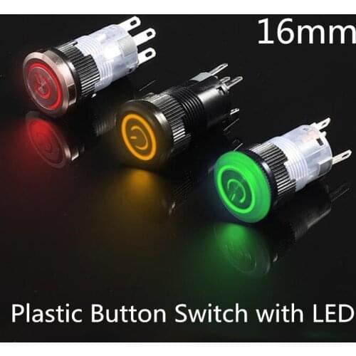 New 16mm Waterproof Plastic Button Switch with LED Lamp Momentary Latching PC Power Switches 3V-6V 12V-24V 220V