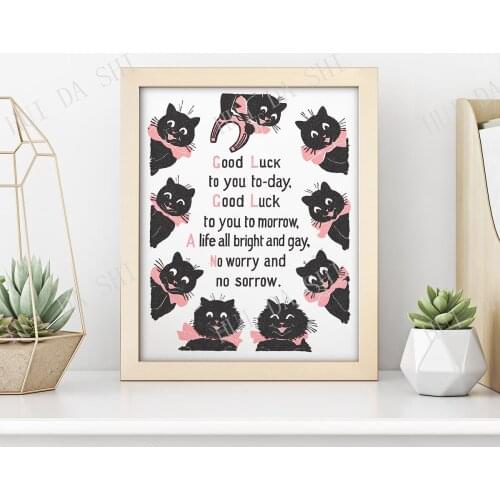 Good Luck Print • Antique Cat Poem • Cute vintage cat wall art featuring 9 black cats with pink bow ties and a lucky Horseshoe
