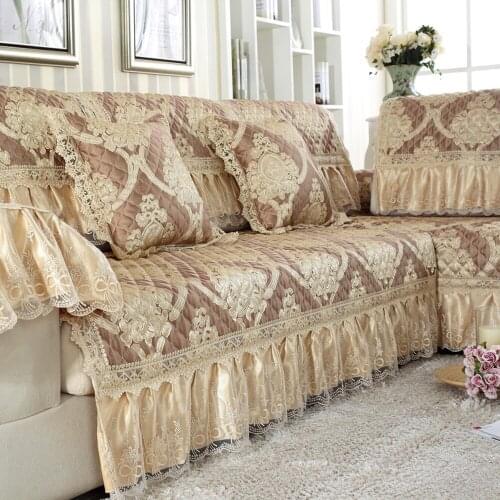 Khaki Luxury Cotton Linen Sofa Cover High-end Gold Color Lace Jacquard Sofa Towel Non-slip Cushion Backrest Pillow Case Sofa Set